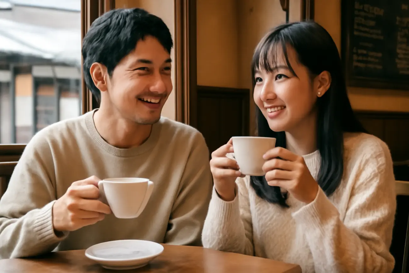 日本男女開心地喝咖啡的樣子