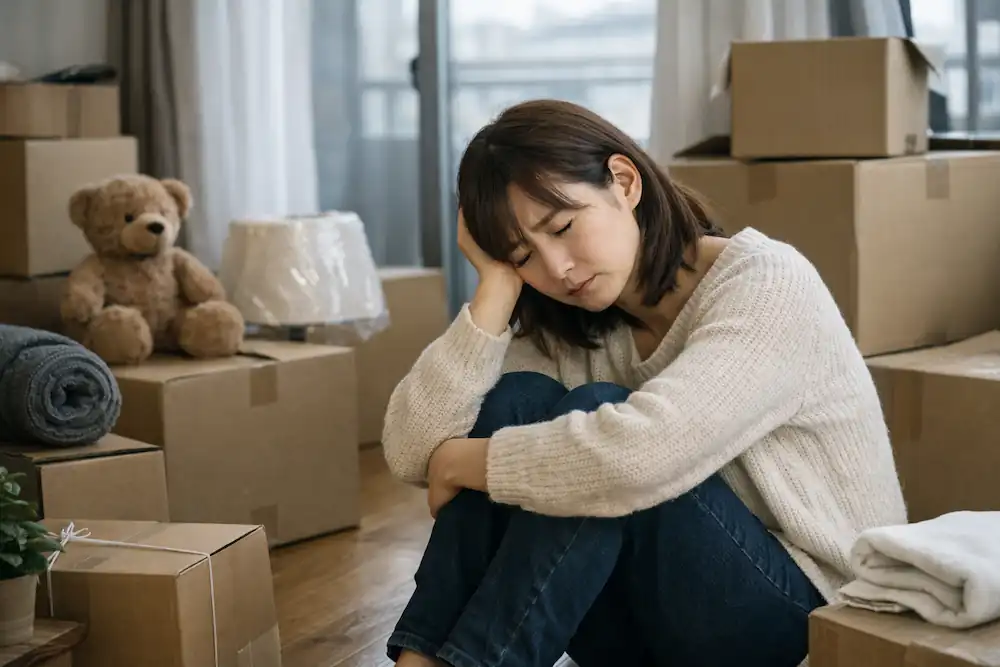 一名日本人在搬家打包的房間裡坐在紙箱旁，表情落寞，呈現搬家帶來的心理壓力