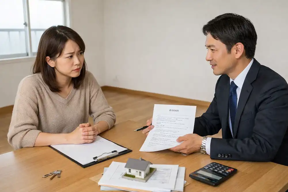 台灣人與日本房仲在空房內討論租屋合約，外國人在日本租屋前的實際情境